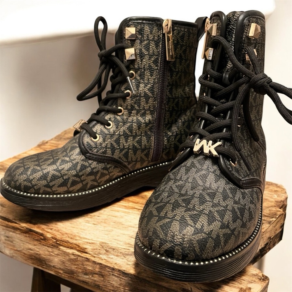 Girls Michael Kors Gold Monogram Combat Boots size 1 trendy